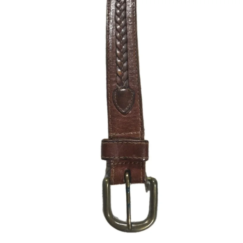 Leather Belt Brass Buckle Braid Inlay, Brown, Size 36